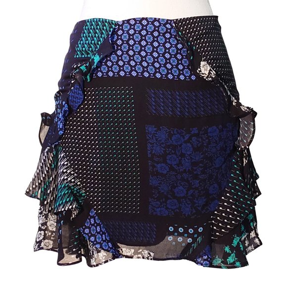 Derek Lam 10 Crosby 100% Silk Patchwork-Print Ruffled Skirt - Picture 2 of 8